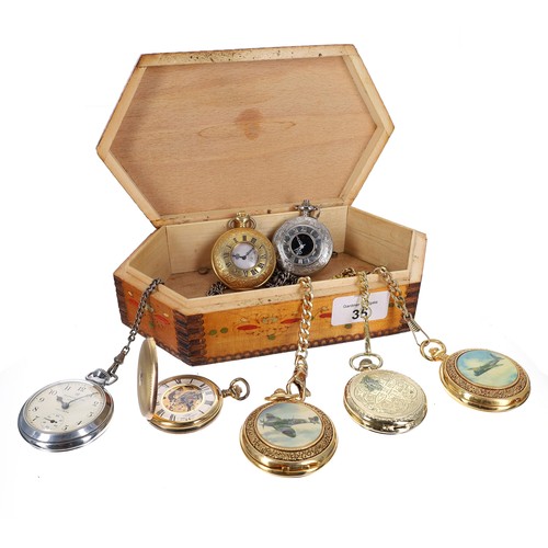 35 - Selection of pocket watches contained within a decorated hinged wooden box to include an Ingersoll T... 