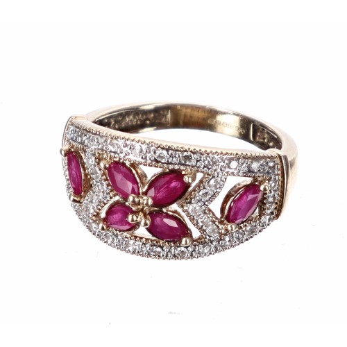 44 - QVC 9ct yellow gold ruby and diamond cluster ring, size L, 3.3g