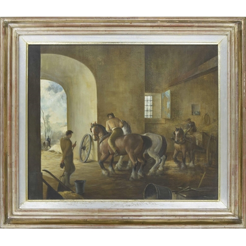 Stalla di Cavalli (20th/21st century) - "Horses Stable", figures with horses and a cart in a stable interior, indistinctly signed and possibly dated 71 (1971) also extensively inscribed verso, oil on board, 20" x 24"