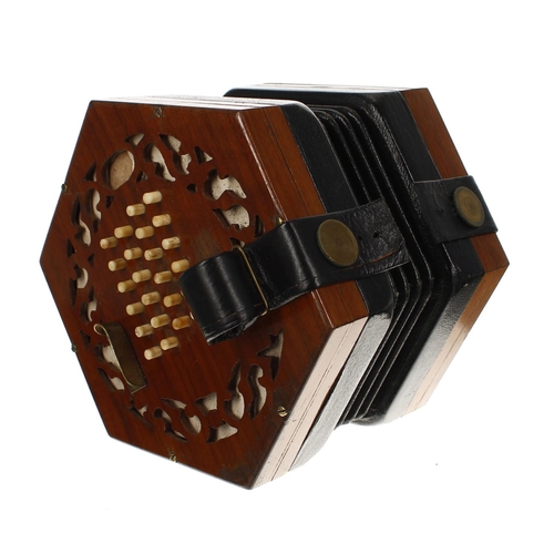 1530 - Wheatstone English concertina, with forty-eight bone buttons on pierced wooden ends, four-fold bello... 