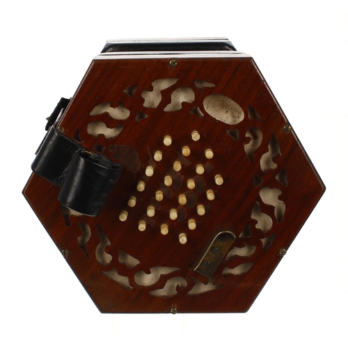 1530 - Wheatstone English concertina, with forty-eight bone buttons on pierced wooden ends, four-fold bello... 