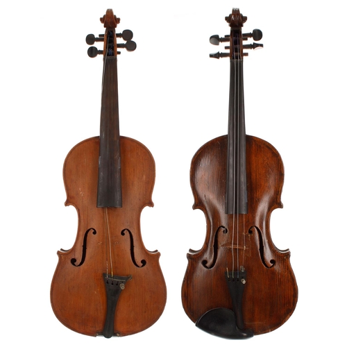 2010 - Two old full size violins; also an oblong violin case with outer zipper cover (3)