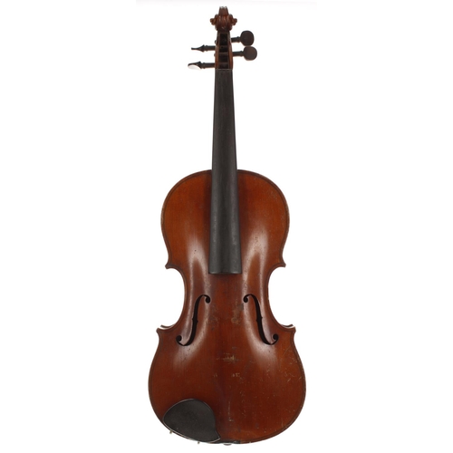 2402 - German violin labelled Hermann Schlosser, Geigenmacher in Erlbach. 'Gesetzlich Geschutzt.', 14 1/16