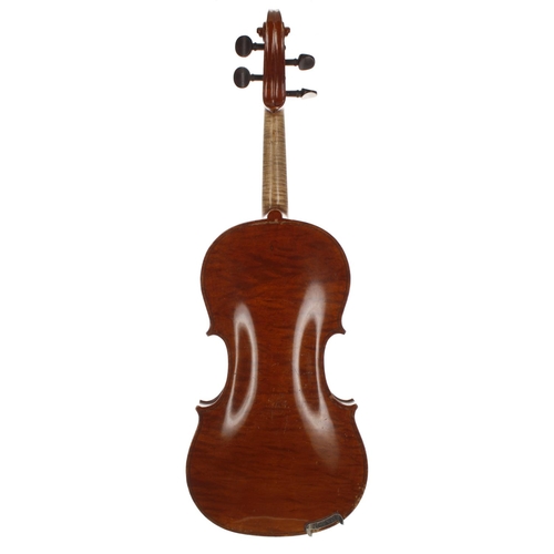 2402 - German violin labelled Hermann Schlosser, Geigenmacher in Erlbach. 'Gesetzlich Geschutzt.', 14 1/16