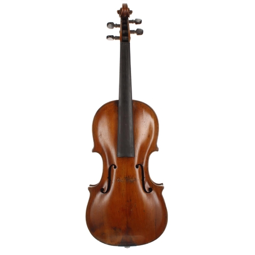 2403 - Interesting early 19th century violin, unlabelled, the two piece back of very faint medium curl with... 