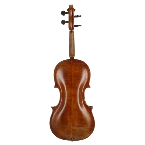 2403 - Interesting early 19th century violin, unlabelled, the two piece back of very faint medium curl with... 