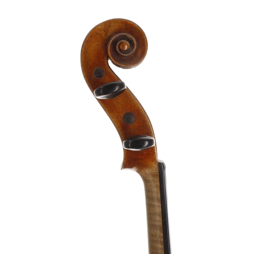 2403 - Interesting early 19th century violin, unlabelled, the two piece back of very faint medium curl with... 