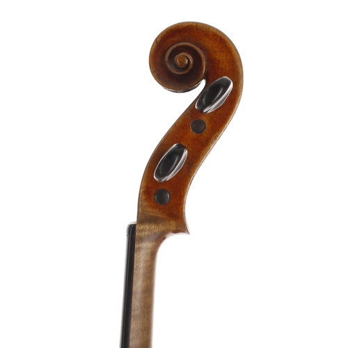 2403 - Interesting early 19th century violin, unlabelled, the two piece back of very faint medium curl with... 