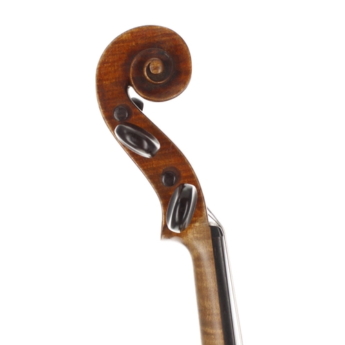 2406 - Good and interesting early 19th century violin, unlabelled, the two piece back of medium curl with s... 