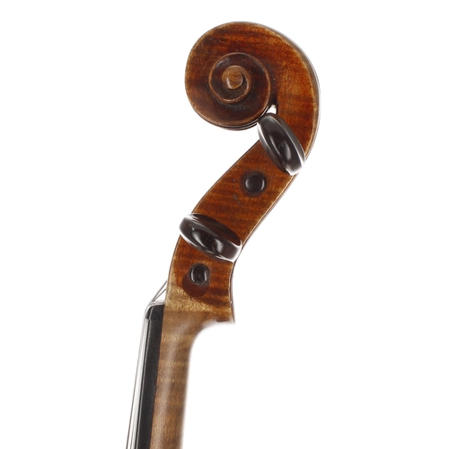 2406 - Good and interesting early 19th century violin, unlabelled, the two piece back of medium curl with s... 