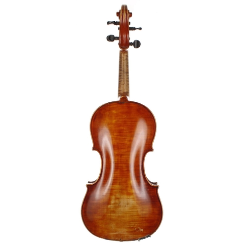 2408 - Interesting violin labelled Joseph Guarnerius..., the one piece back of faint medium curl with simil... 