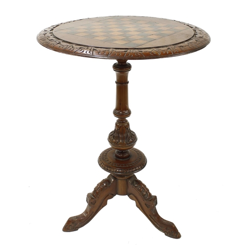 1623 - Victorian mahogany tripod occasional games table, the circular top inlaid with a chequerboard within... 