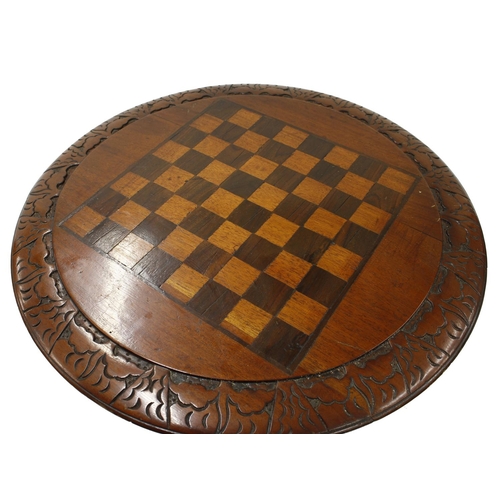 1623 - Victorian mahogany tripod occasional games table, the circular top inlaid with a chequerboard within... 