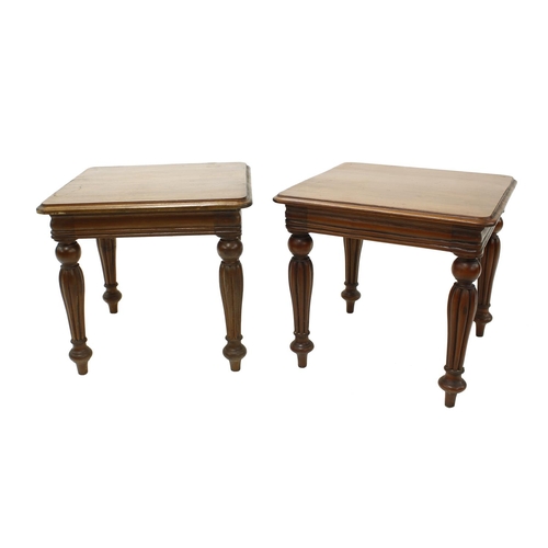 1624 - Pair of Victorian style square mahogany low occasional tables, the moulded tops upon turned reeded s... 