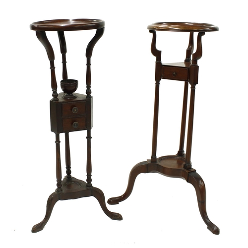 1627 - Two similar Georgian style circular mahogany washstands, each inset with small drawers upon tripod b... 