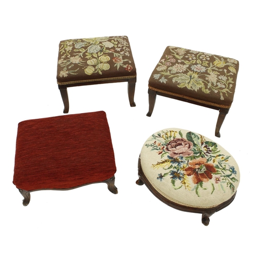 1630 - Pair of Edwardian mahogany inlaid footstools with  foliate needlework tops, 13