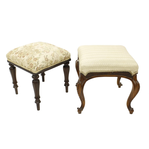 1636 - Victorian walnut square upholstered dressing stool, the pale stuffover seat upon carved cabriole swe... 