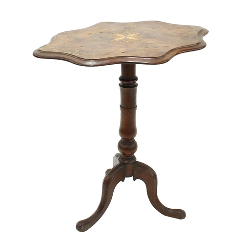 1653 - Victorian figured walnut shaped occasional tripod table, the top with a parquetry inlaid star motif ... 