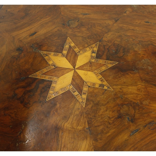 1653 - Victorian figured walnut shaped occasional tripod table, the top with a parquetry inlaid star motif ... 