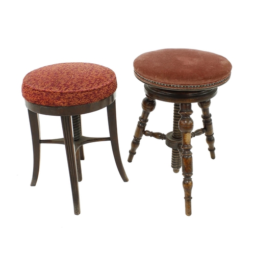 1654 - Two similar 19th century revolving adjustable piano stools, each with stuffover supports (2)... 