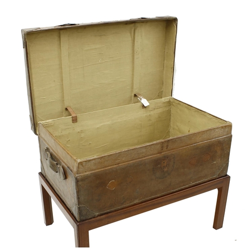 1658 - Large 19th century tan leather bound trunk upon a modern mahogany bespoke stand, 31