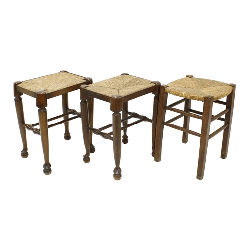 1666 - Three similar 18th century style rush seat stools, each 19