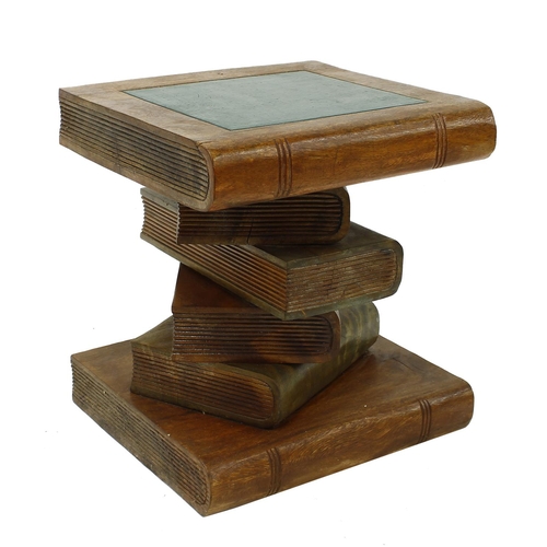 1673 - Novelty stained wooden occasional table in the form of stacked book binds with a green inset top, 14... 