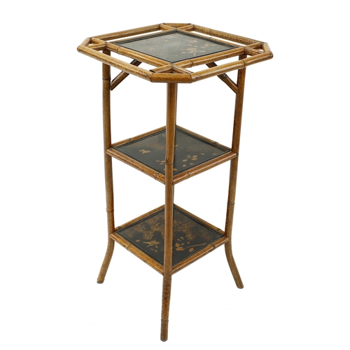 1616 - Aesthetic late 19th century bamboo and lacquered three tier square occasional table, the inset lacqu... 