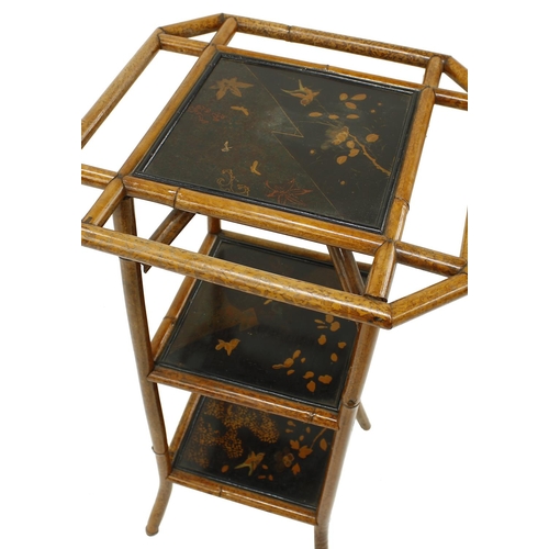 1616 - Aesthetic late 19th century bamboo and lacquered three tier square occasional table, the inset lacqu... 