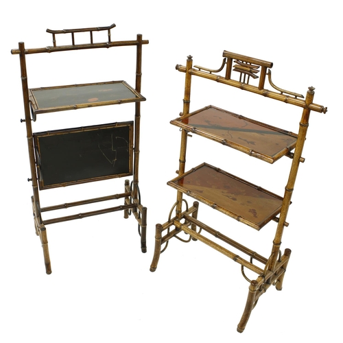 1615 - Two similar Aesthetic movement bamboo and lacquered two tier folding plant stands, 40