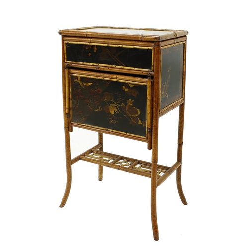 1619 - Aesthetic bamboo and chinoiserie lacquered work table, the hinged top enclosing a padded lined inter... 