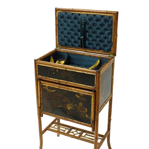 1619 - Aesthetic bamboo and chinoiserie lacquered work table, the hinged top enclosing a padded lined inter... 