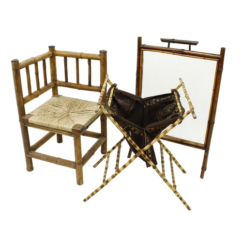 1620 - Bamboo and rush seat corner chair; together with a bamboo glazed fire screen and a folding bamboo wo... 