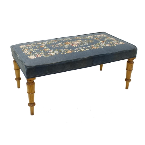 1684 - Victorian needlework upholstered window seat, with a rectangular foliate design upon a blue ground a... 