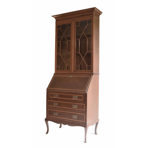 1690 - Edwardian mahogany bureau bookcase, crossbanded with satinwood, with astragal glazed double doors en... 