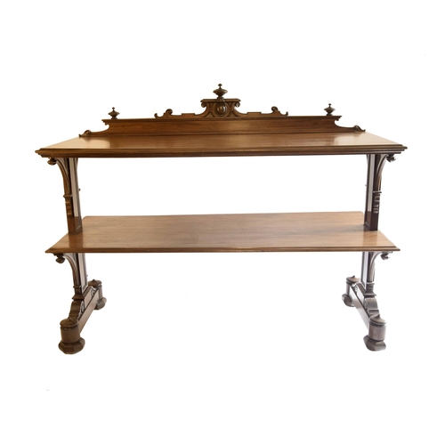 1691 - Good large Victorian mahogany two-tier buffet, the pediment back with turned finials over two gradua... 