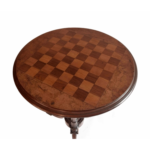 1703 - Victorian circular walnut inlaid occasional games table, the moulded top inset with a chequerboard u... 