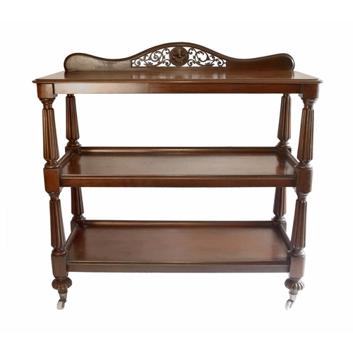 1706 - Victorian mahogany three-tier buffet, the carved fretwork pediment over rectangular galleried tiers ... 