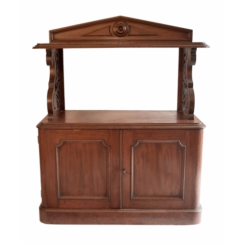 1707 - Victorian mahogany buffet, the pediment back over a moulded rectangular shelf with pierced carved si... 