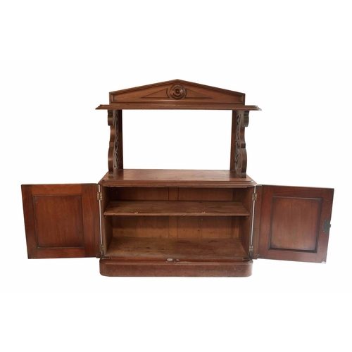 1707 - Victorian mahogany buffet, the pediment back over a moulded rectangular shelf with pierced carved si... 