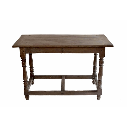 1718 - 18th century elm rectangular side table, the plank top upon turned supports united with stretchers, ... 