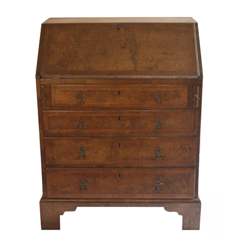 1731 - George I style burr walnut feather banded veneered bureau, the fall front enclosing a fitted interio... 