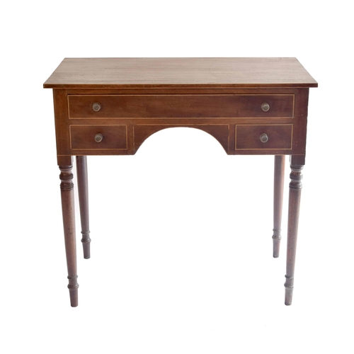 1801 - 19th century mahogany writing table, with a boxwood banded long drawer and two short drawers to the ... 