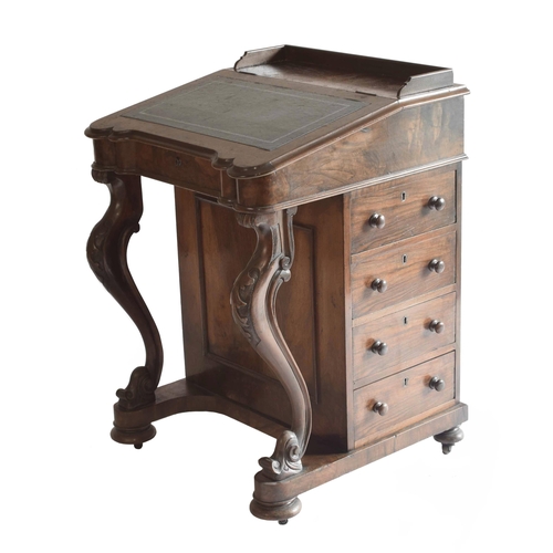 1809 - Victorian burr walnut Davenport, the gallery top over a green inset leather tooled slope enclosing a... 