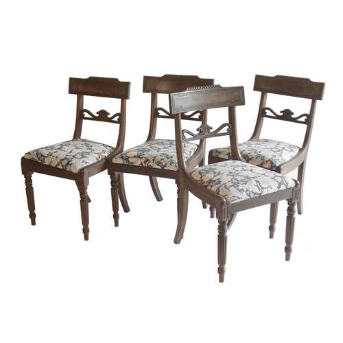 1814 - Set of four Regency mahogany dining chairs, with horizontal scroll carved splats over drop-in seats ... 