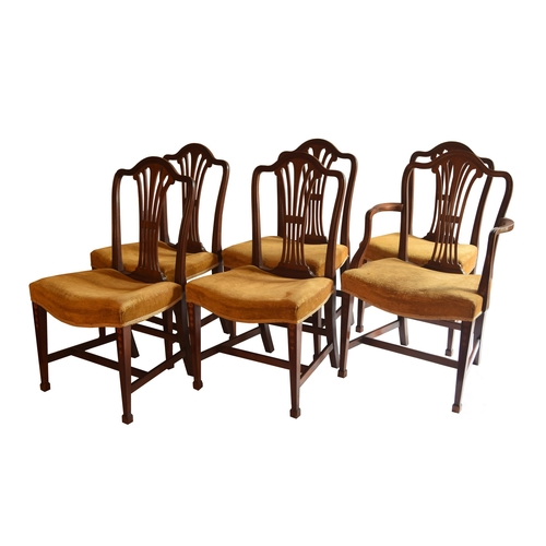 1823 - Set of six 19th century Hepplewhite style dining chairs, with pierced vase shaped splats over velvet... 