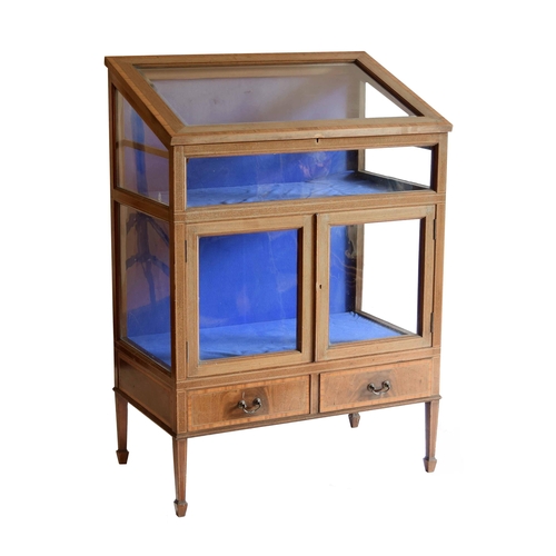 1842 - Attractive Edwardian mahogany inlaid bijouterie display cabinet/case, the sloping hinged top inset w... 