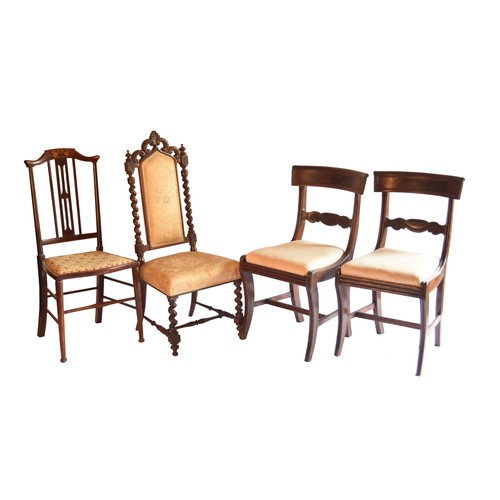 1837 - Pair of early Victorian mahogany dining chairs, with carved horizontal splats over drop-in seats and... 