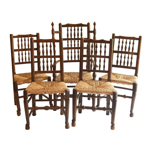 1830 - Set of four early 19th century ash ladder back rush seat chairs and a similar carver chair with a La... 