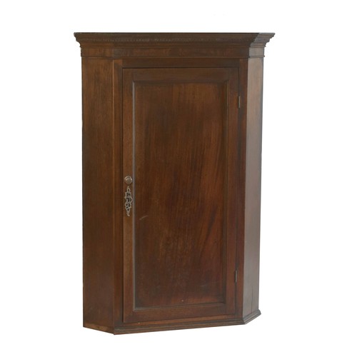 1743 - Georgian mahogany hanging corner wall cabinet, the carved dentil cornice over a single panelled door... 